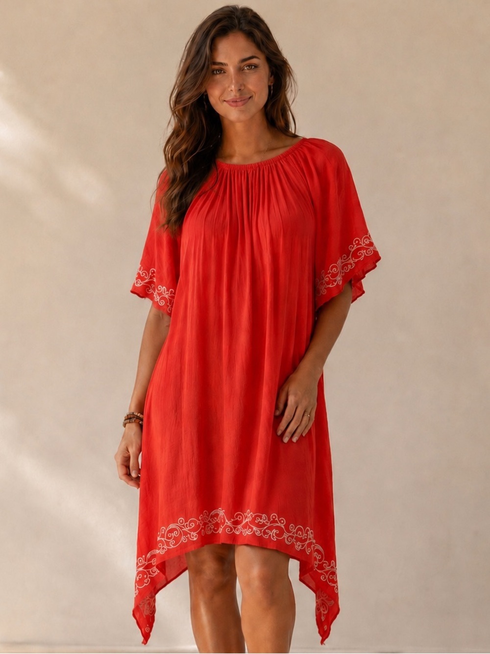 Coral Embroidered Handkerchief-Hem Dress - Women